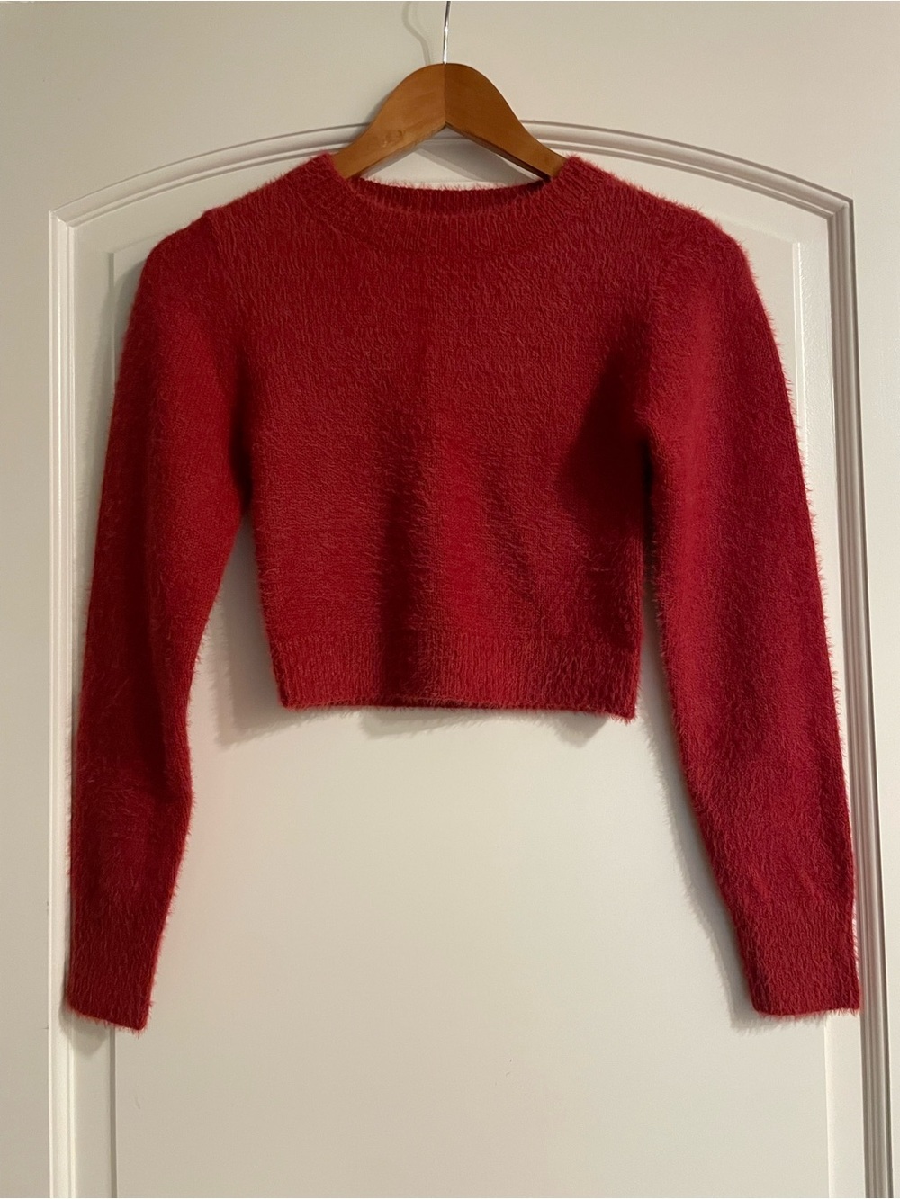 Urban Outfitters Women's Red Solid Fuzzy Knit Cropped Pullover Sweater S